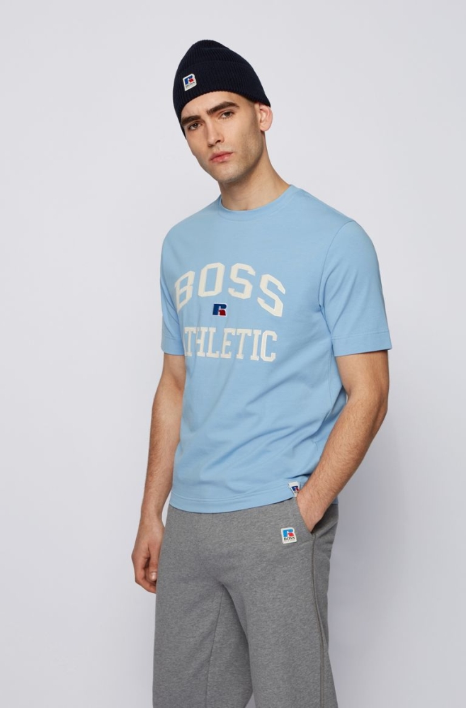 HUGO BOSS Relaxed-fit Stretch Cotton Exclusive Logo Men's T Shirts Light Blue - DCWB319